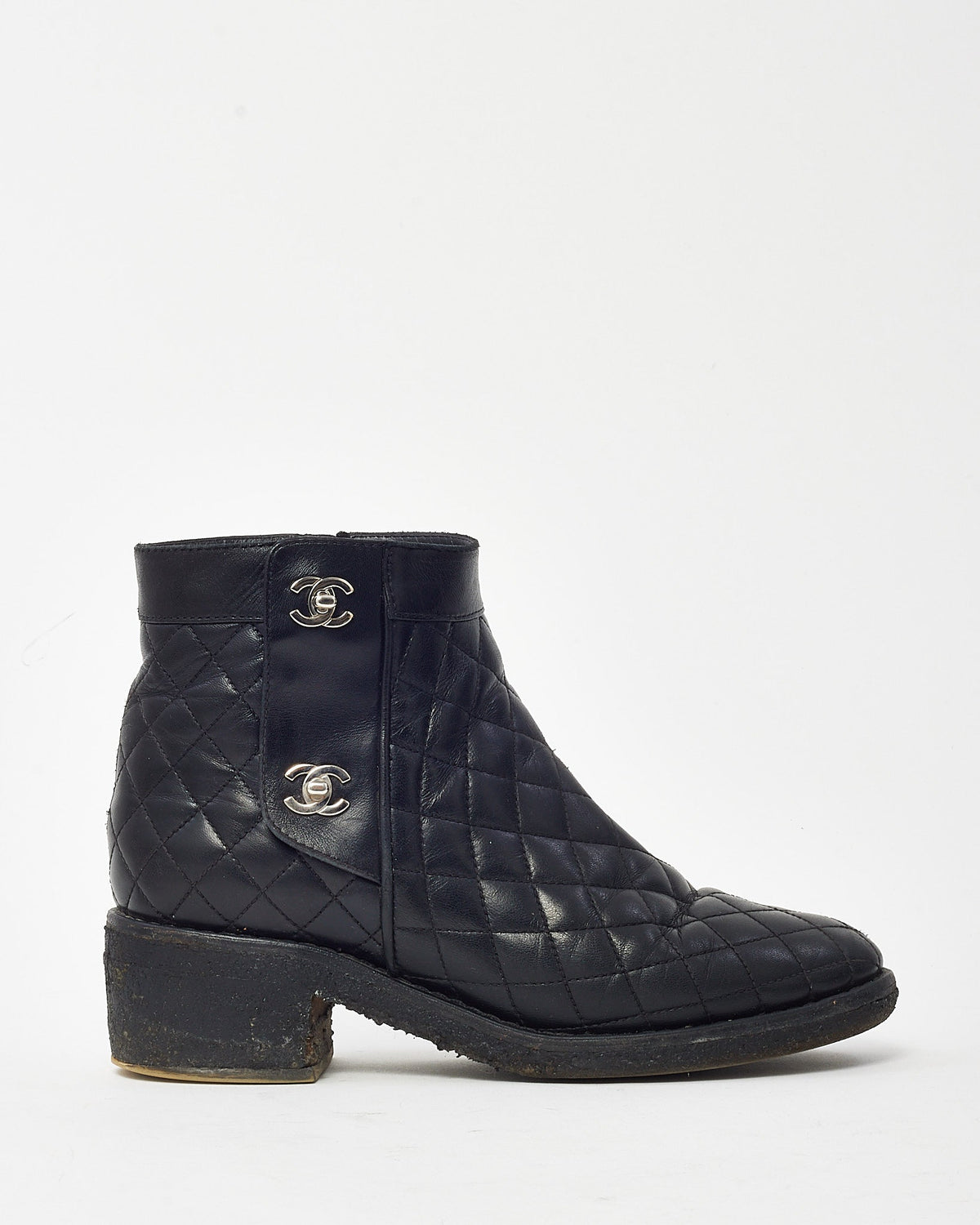 Chanel Black Quilted Leather CC Logo Short Zip Boots - 38