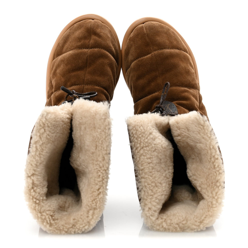 Suede Shearling Quilted Flat Ankle Boot 38 Beige