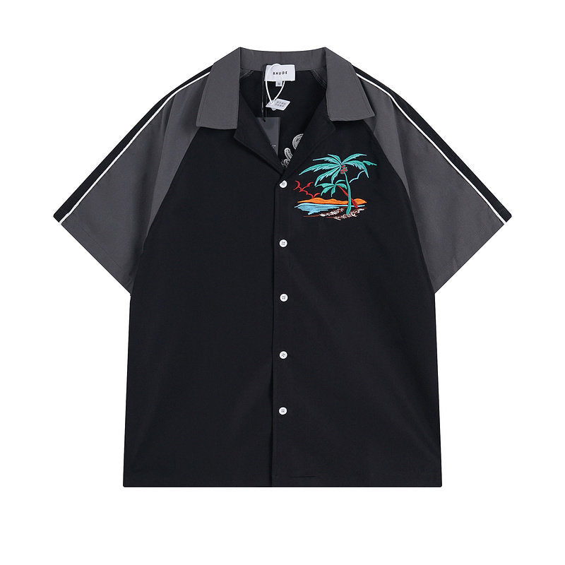 RHUDE Vintage Palm Tree Embroidered Color Block Shirt